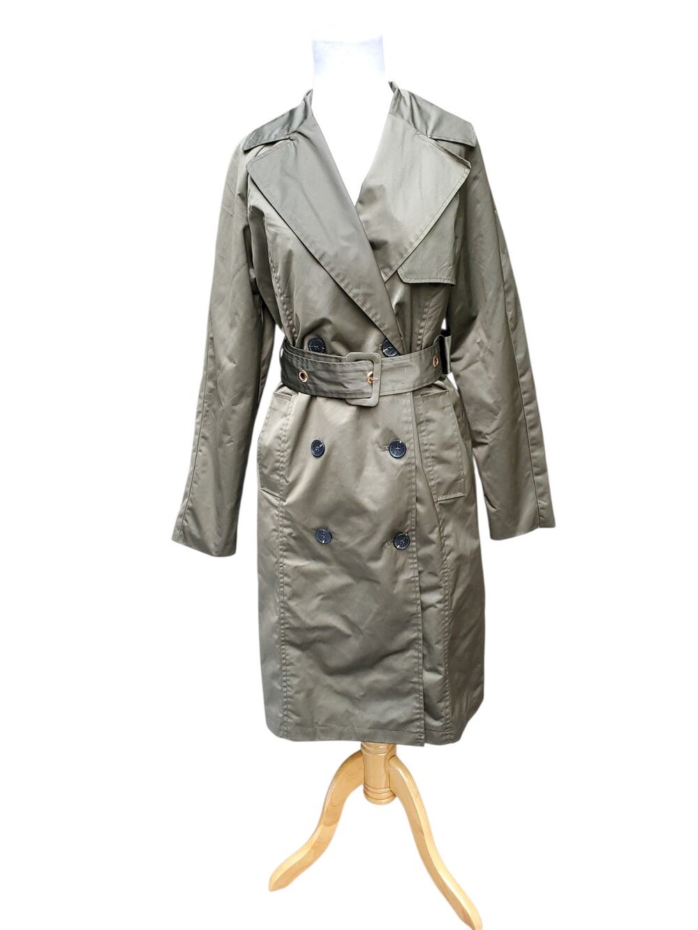 Avec Les Filles Metallic Olive Green Trench Coat Gold Lined Belted Streetwear S